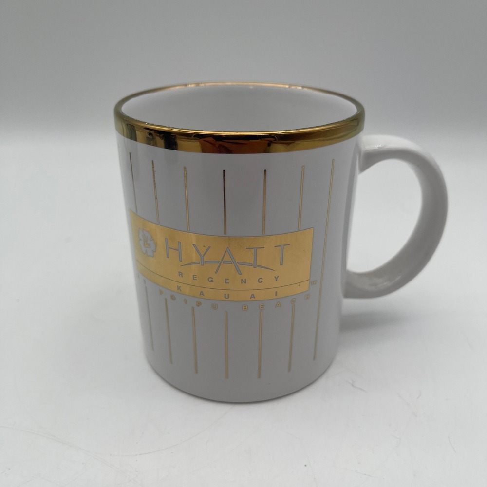 Hyatt Regency Kauai Poipu Beach White Gold Pinstripe Ceramic Coffee Mug Hawaii